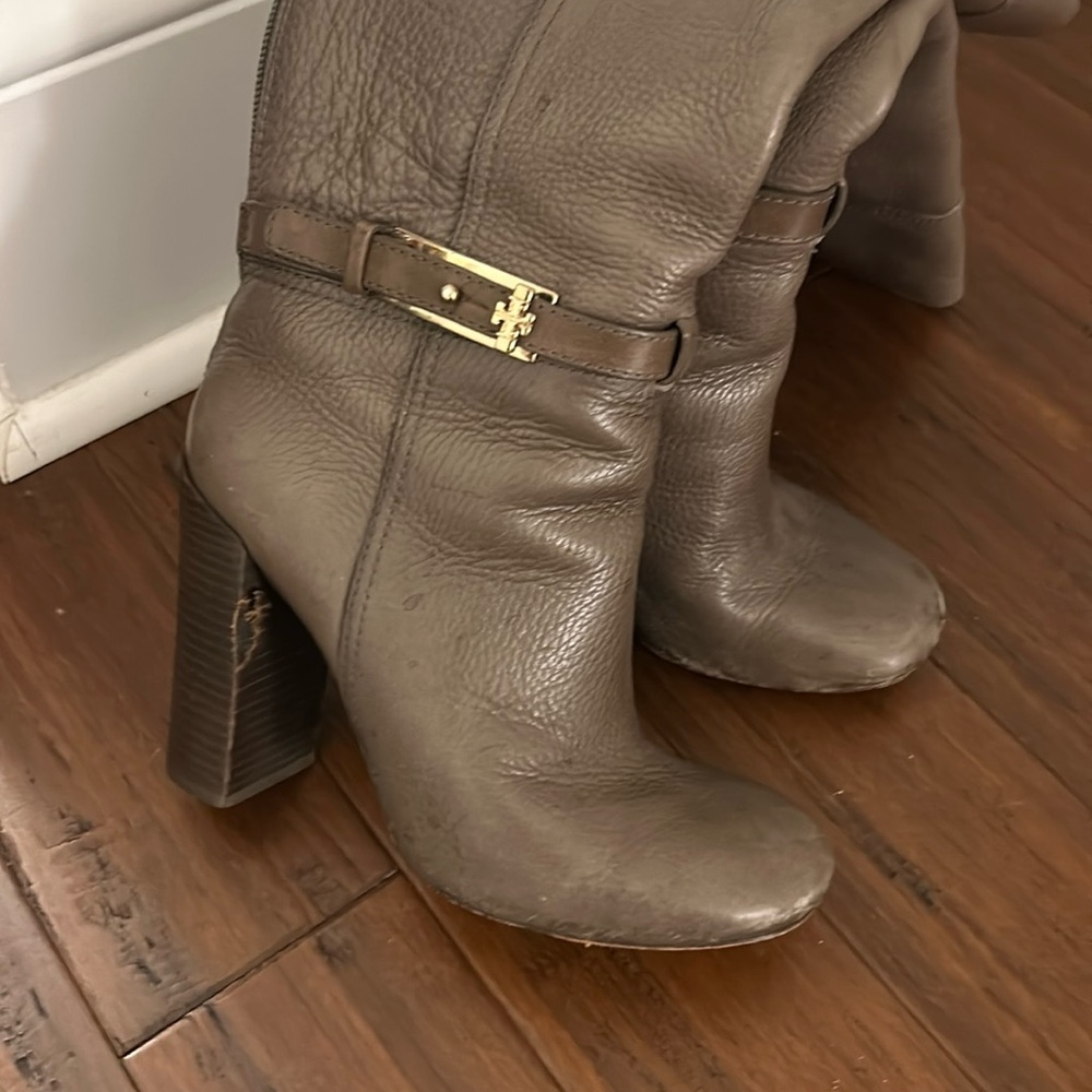 Tory Burch Taupe Leather Mid-Calf Heeled Boots with Gold Logo Strap